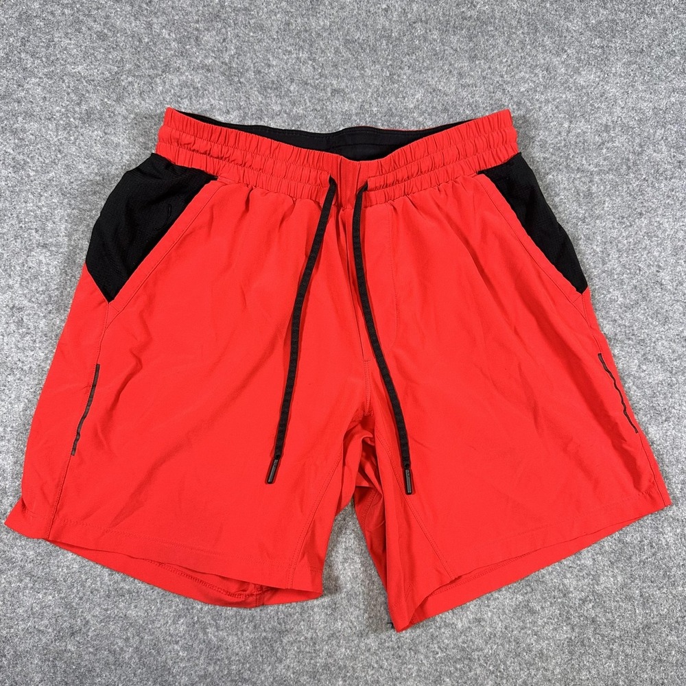Lululemon Shorts Mens Medium Red Black Athletic Training Zip Pockets Drawstring